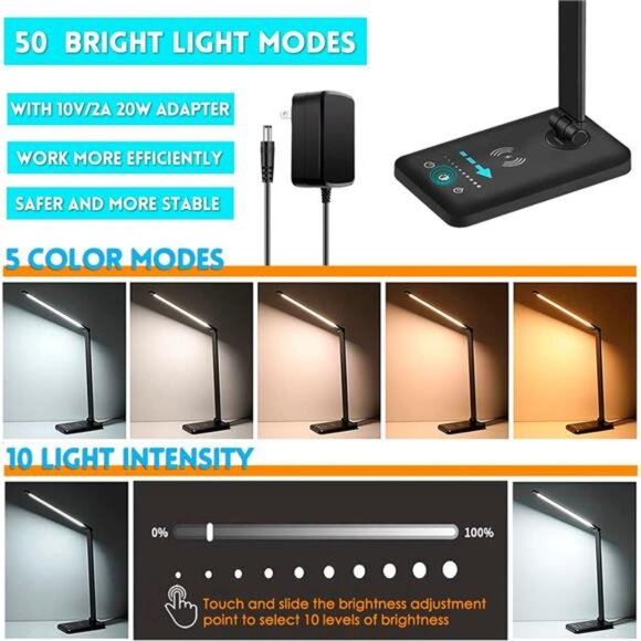 LED Desk Lamp with Wireless Charger, USB Charging Port, 10 Brightness, 5 Color - Picture 2 of 7